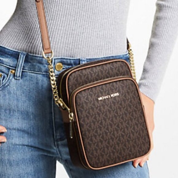 Michael Kors Handbags - Michael Kors Jet Set Travel $398 Medium Signature Logo Crossbody Brown NWT